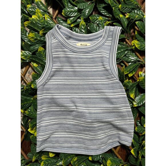 Madewell Supima Rib Cutawat Crop Tank in Blue White Stripe Size Medium NWT - Picture 5 of 7